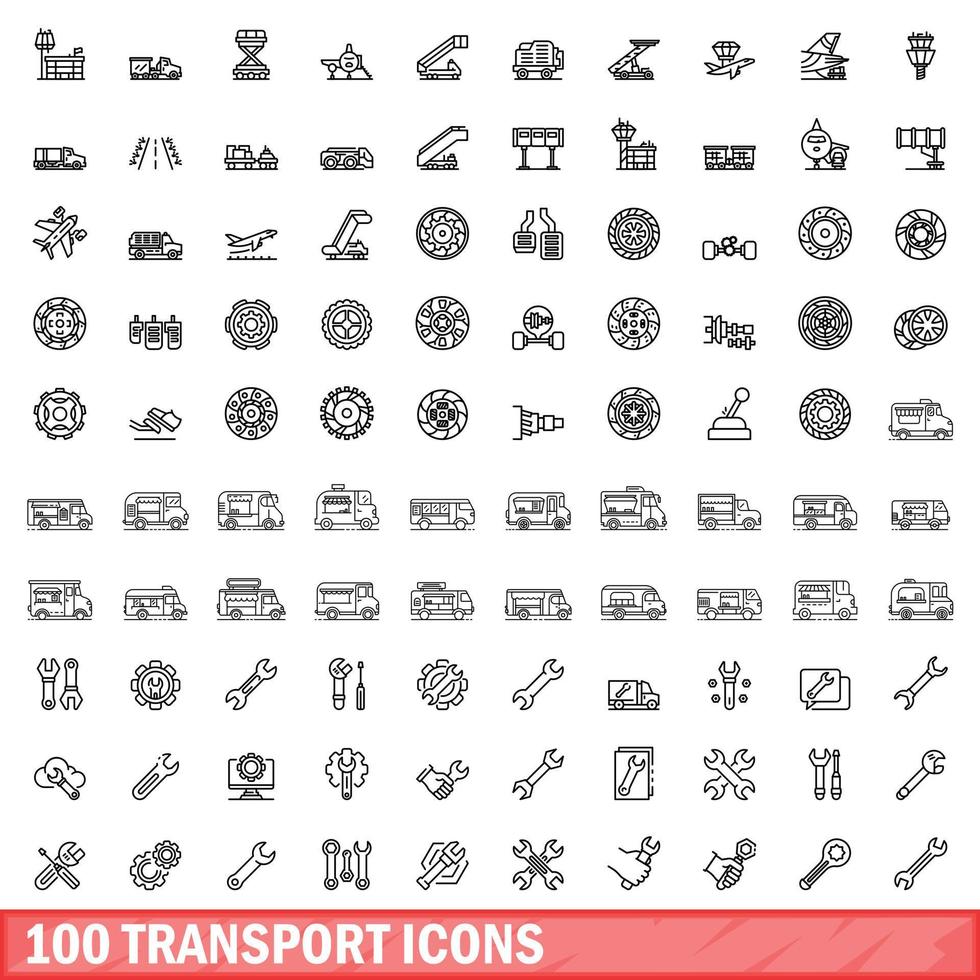 100 transport icons set, outline style vector