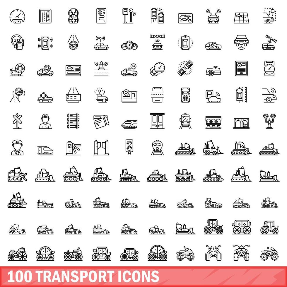 100 transport icons set, outline style vector