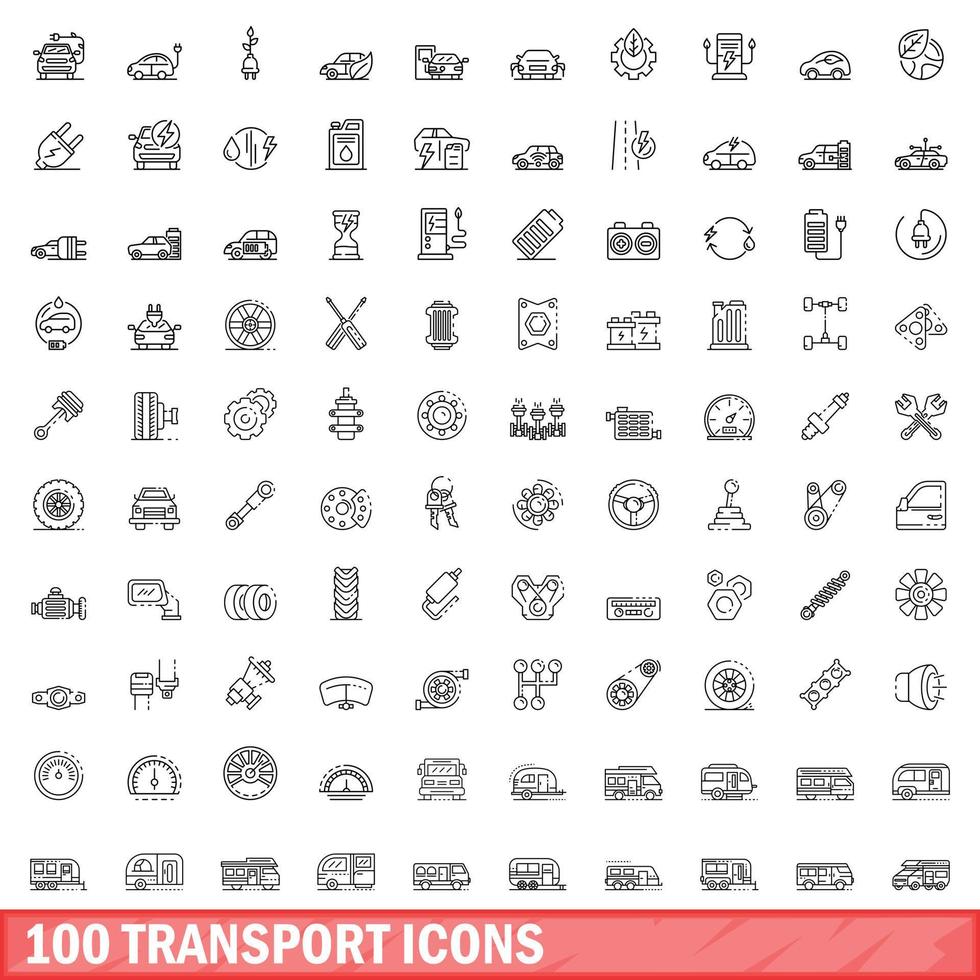 100 transport icons set, outline style vector