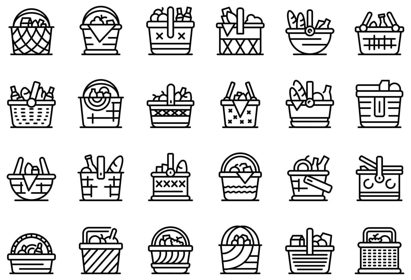 Picnic basket icons set, outline style vector