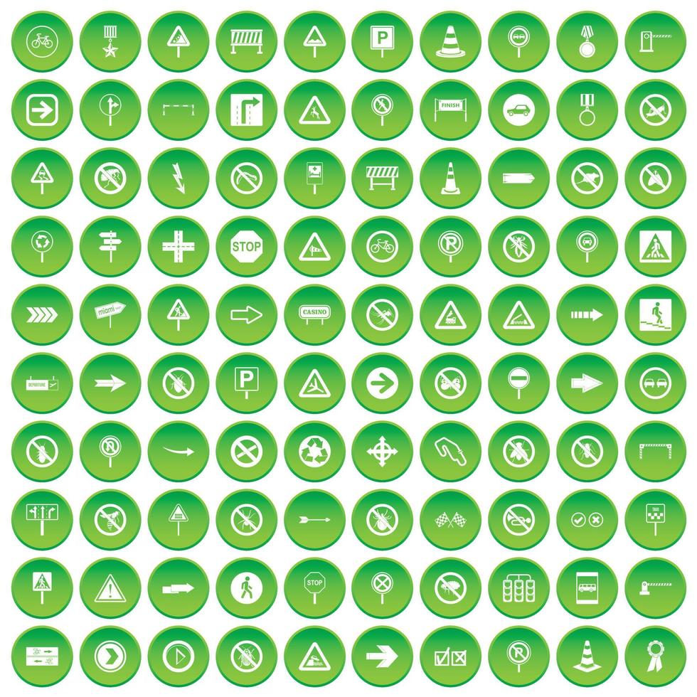 100 road signs icons set green circle vector