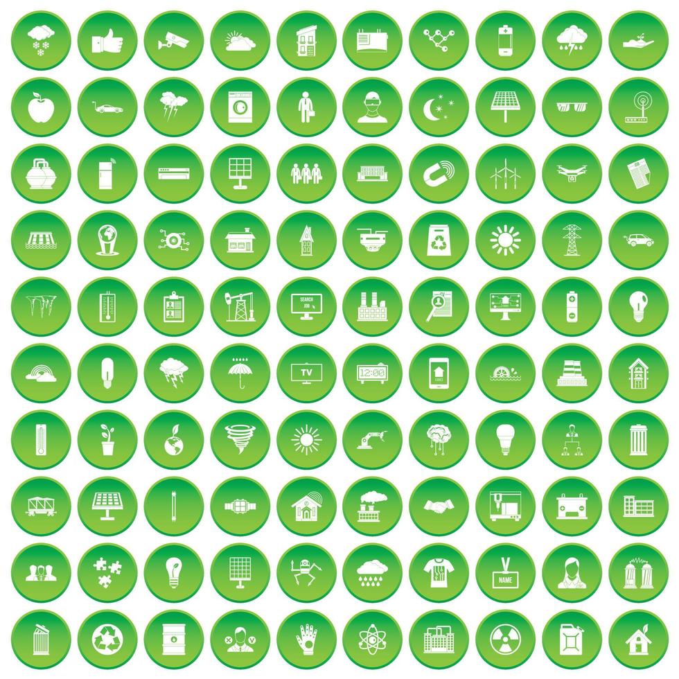 100 solar energy icons set green circle vector