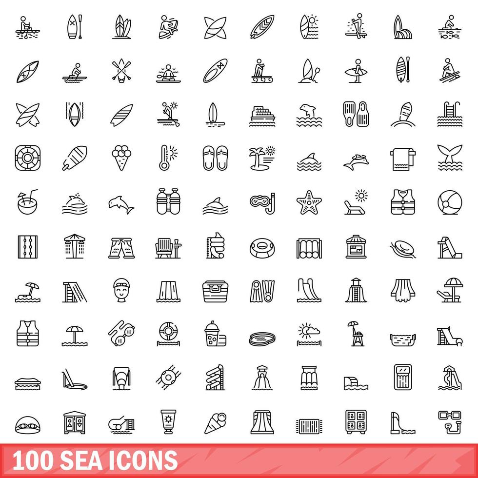 100 iconos de mar, estilo de esquema vector