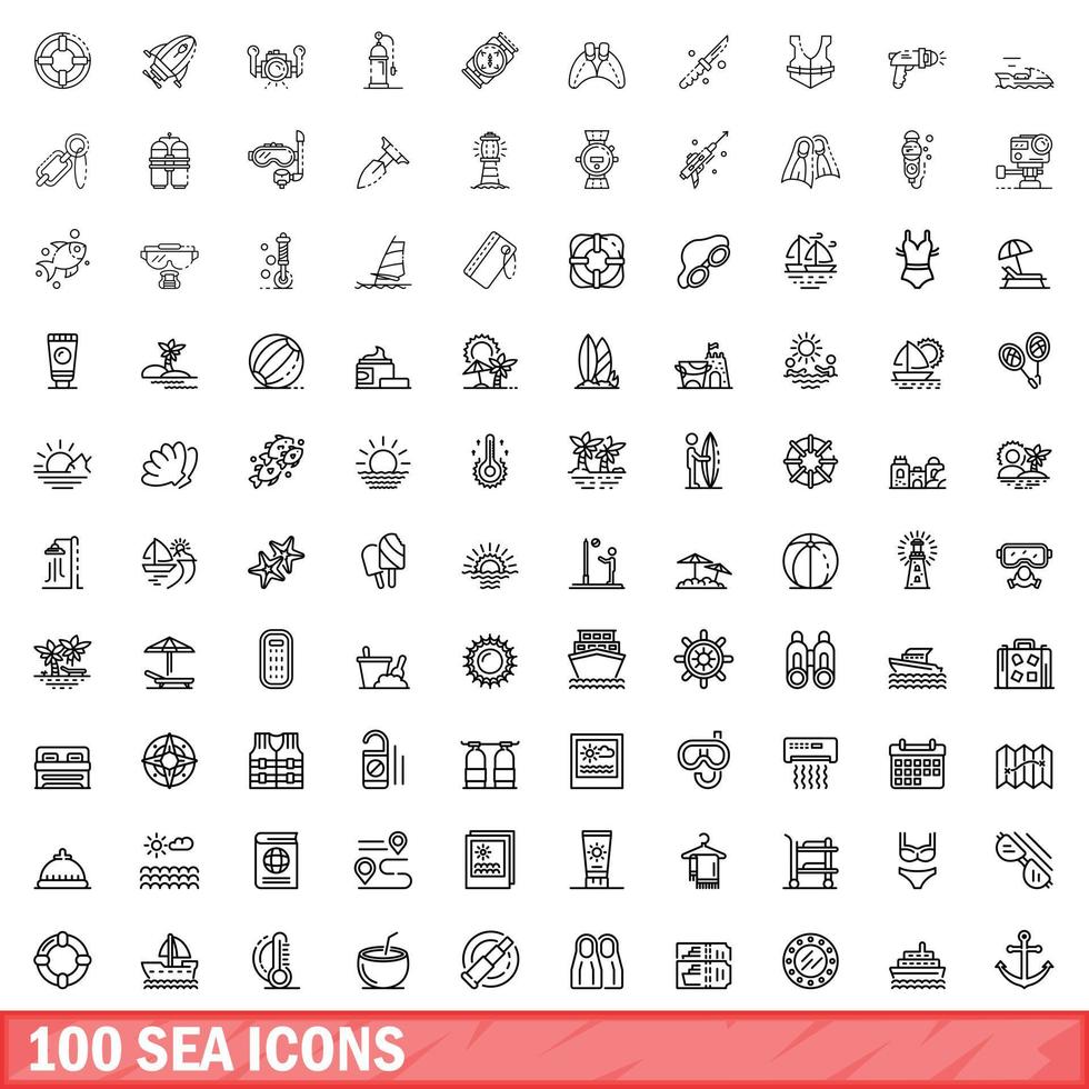 100 iconos de mar, estilo de contorno vector