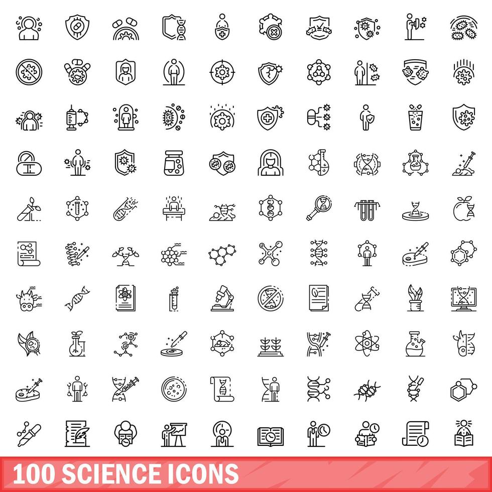 100 science icons set, outline style vector