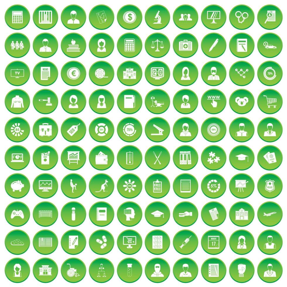 100 iconos de datos estadísticos establecer círculo verde vector