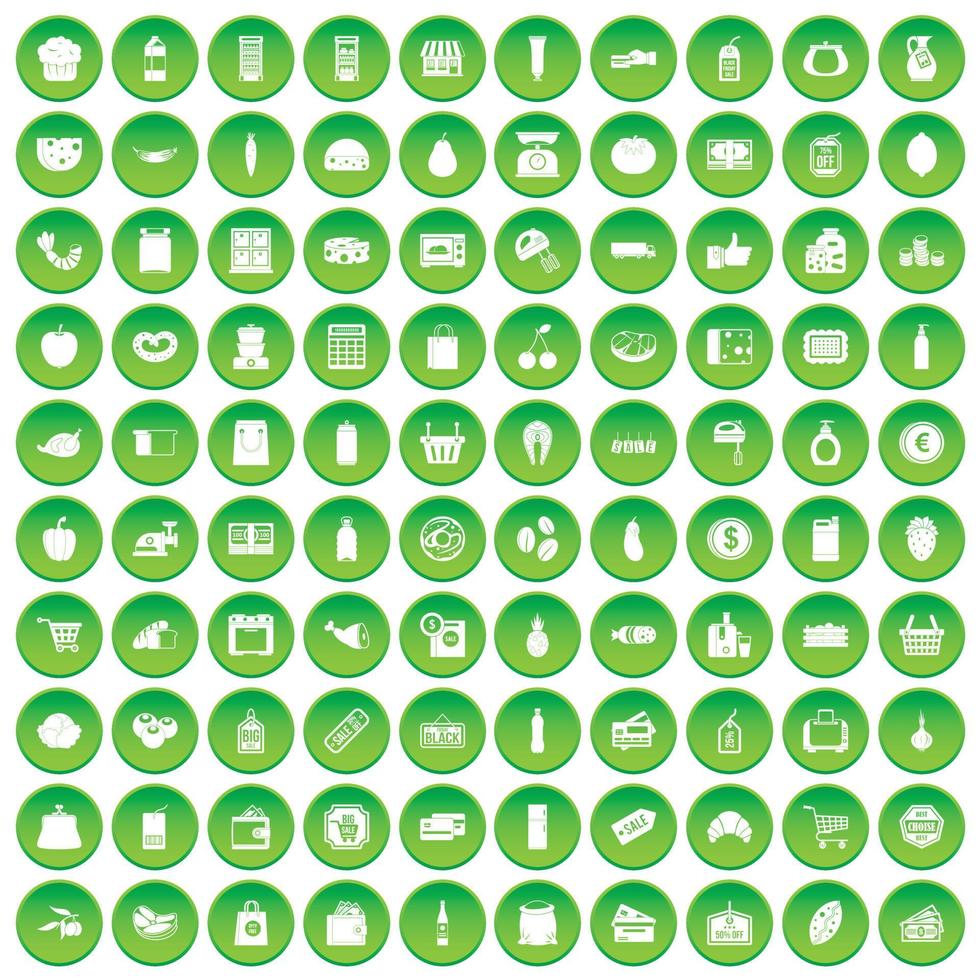 100 supermarket icons set green circle vector