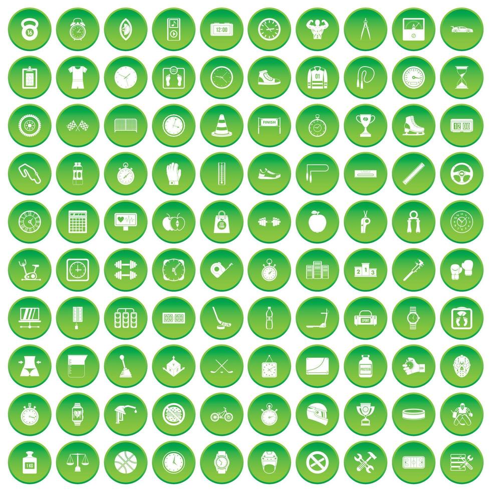 100 stopwatch icons set green circle vector