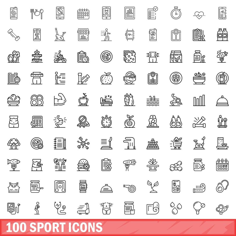 100 sport icons set, outline style vector