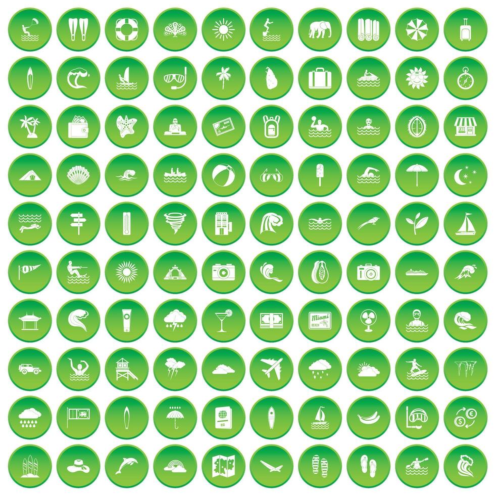100 surfing icons set green circle vector