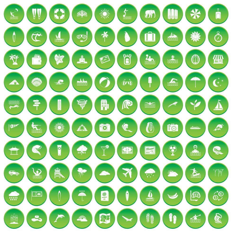 100 iconos de surf establecer círculo verde vector