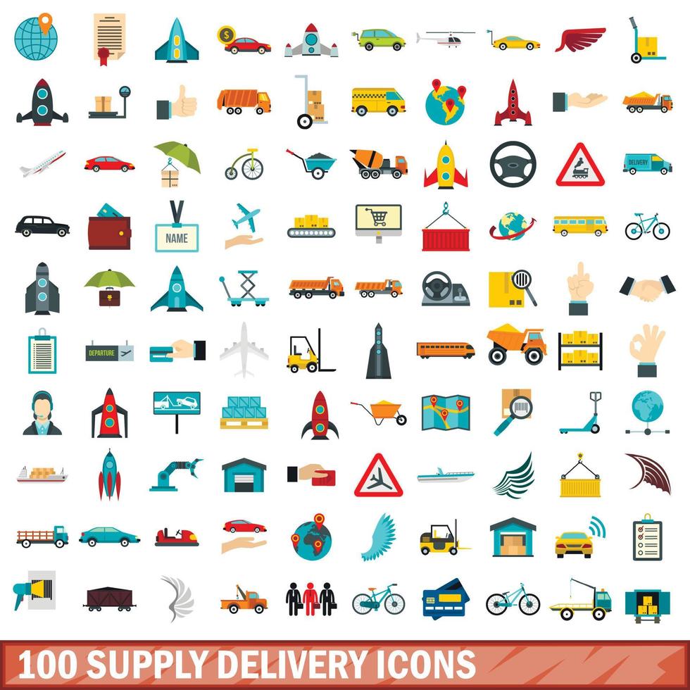 100 supply delivery icons set, flat style vector