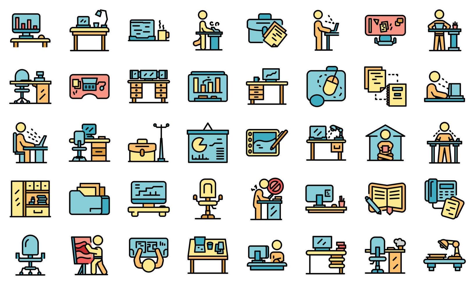 Ergonomic workplace icons set vector flat