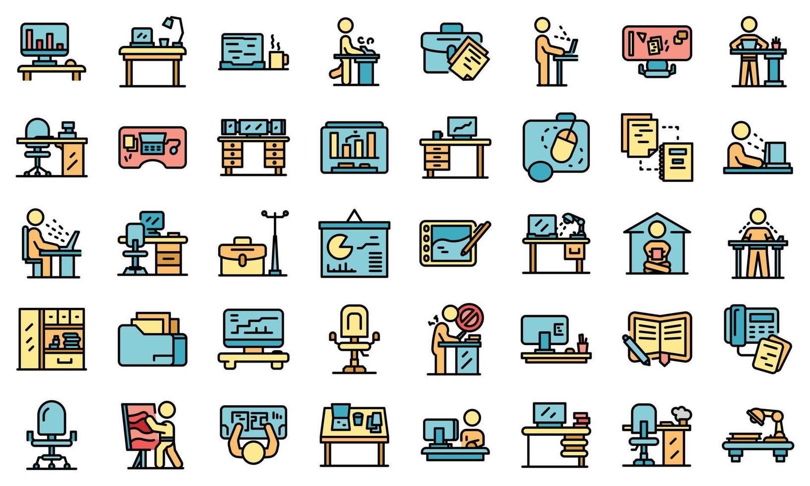 los iconos ergonómicos del lugar de trabajo establecen un vector plano