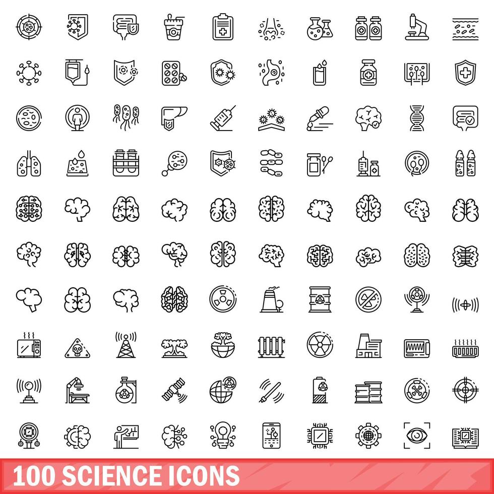 100 science icons set, outline style vector