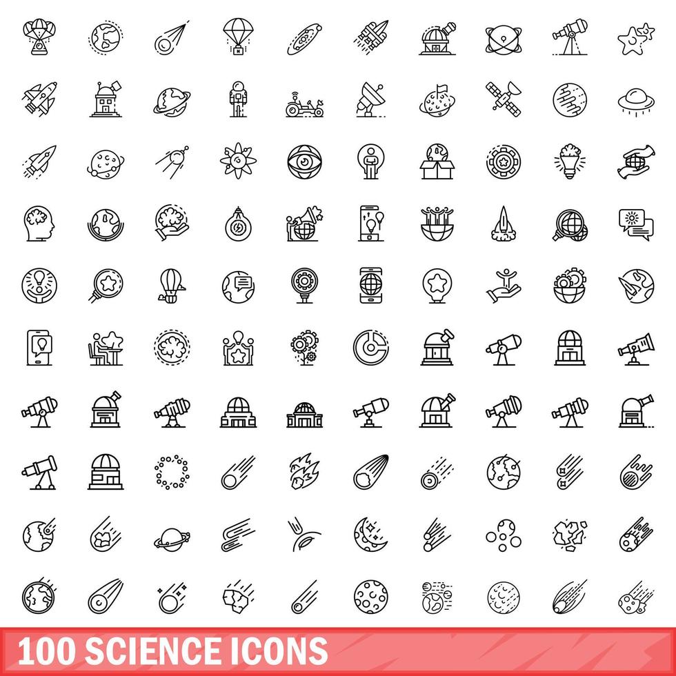 100 science icons set, outline style vector