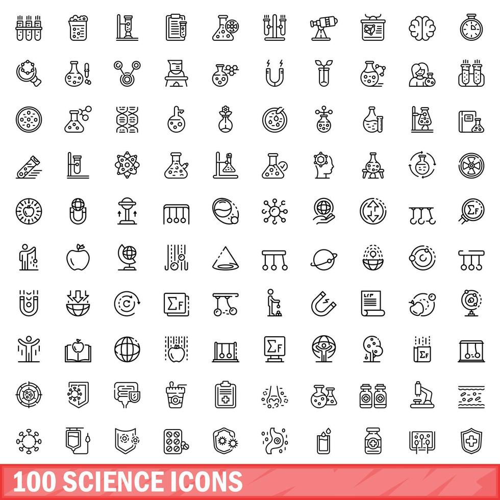 100 science icons set, outline style vector