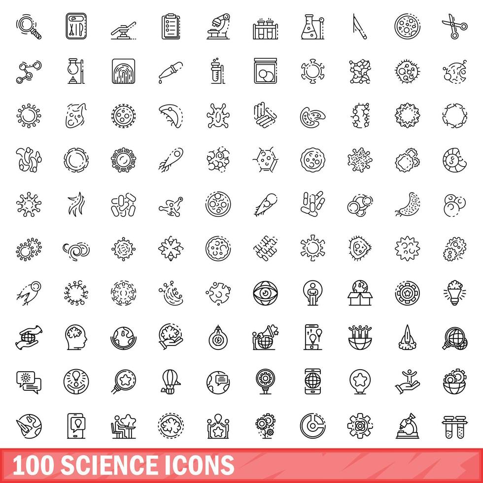 100 science icons set, outline style vector