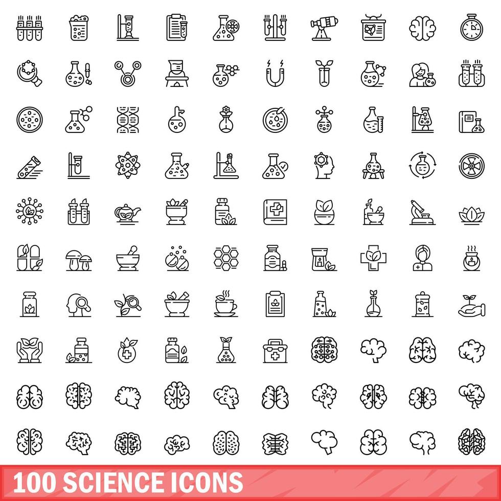 100 science icons set, outline style vector