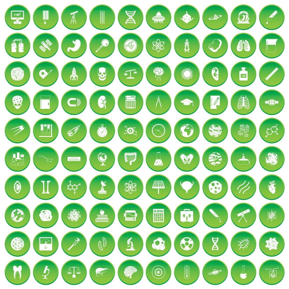 100 science icons set green circle vector