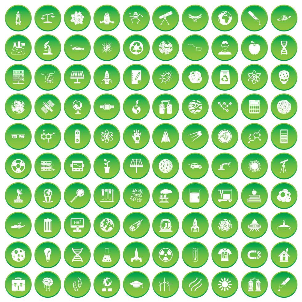 100 space technology icons set green circle vector