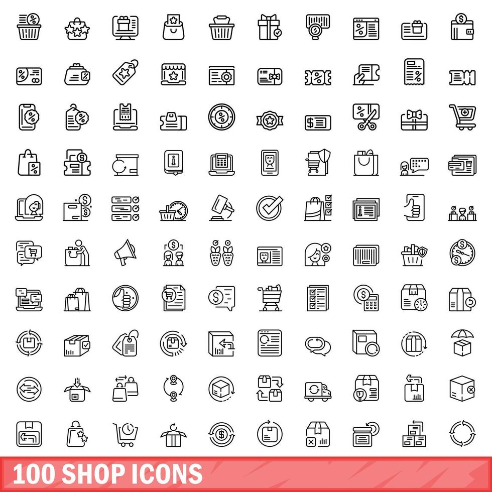 100 shop icons set, outline style vector