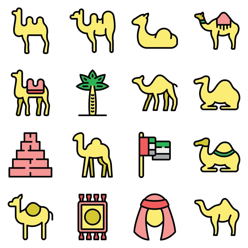 camello, iconos, conjunto, vector, plano vector