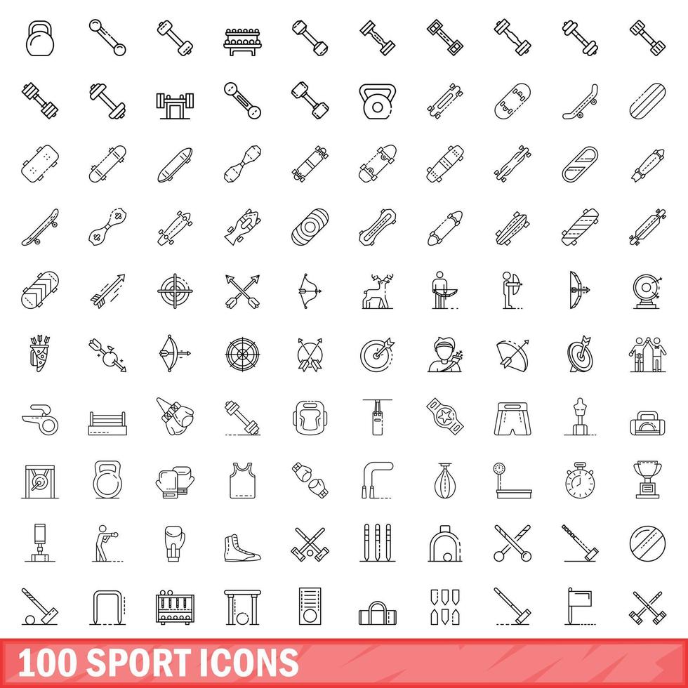 100 sport icons set, outline style vector