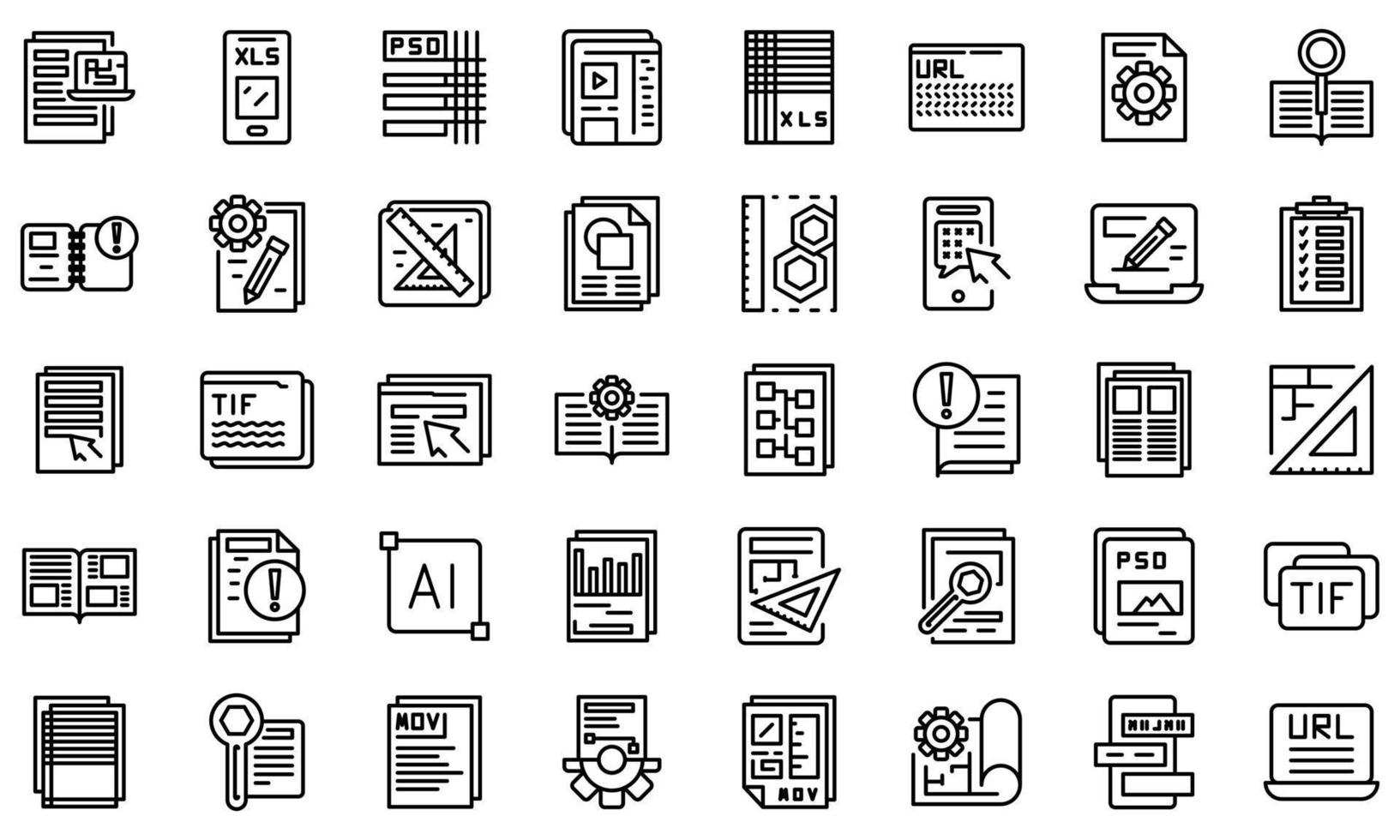 conjunto de iconos de documentos técnicos, estilo de contorno vector