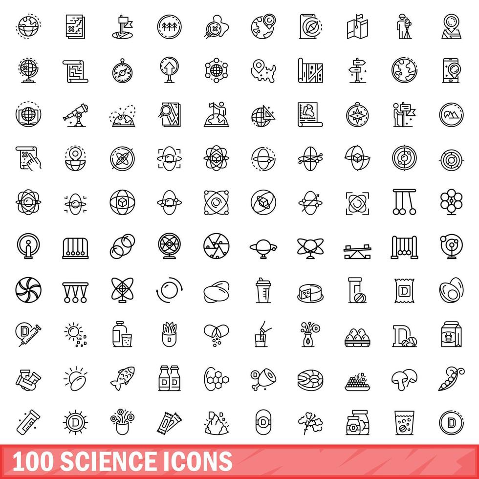 100 science icons set, outline style vector