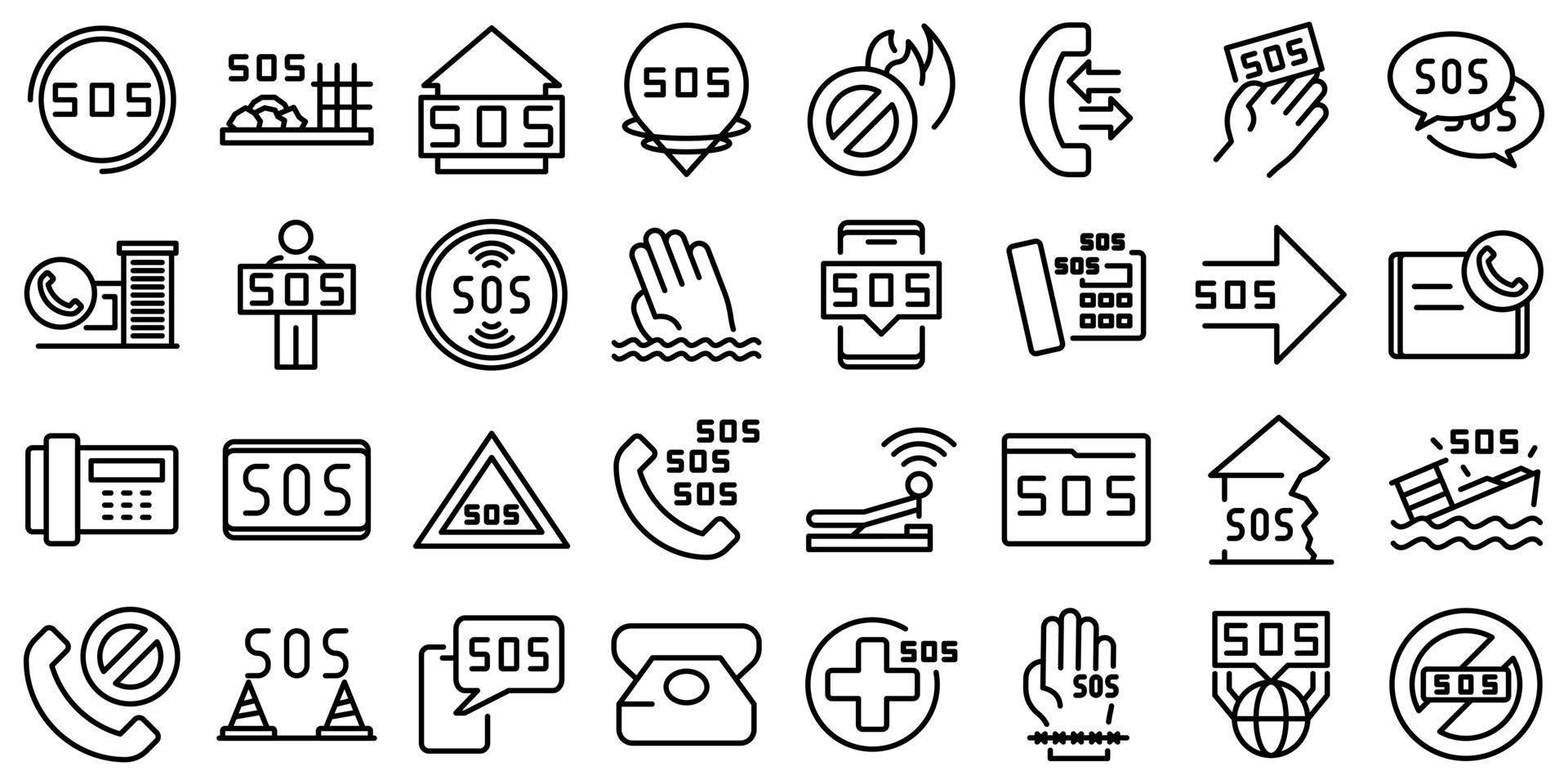 Sos icons set, outline style vector