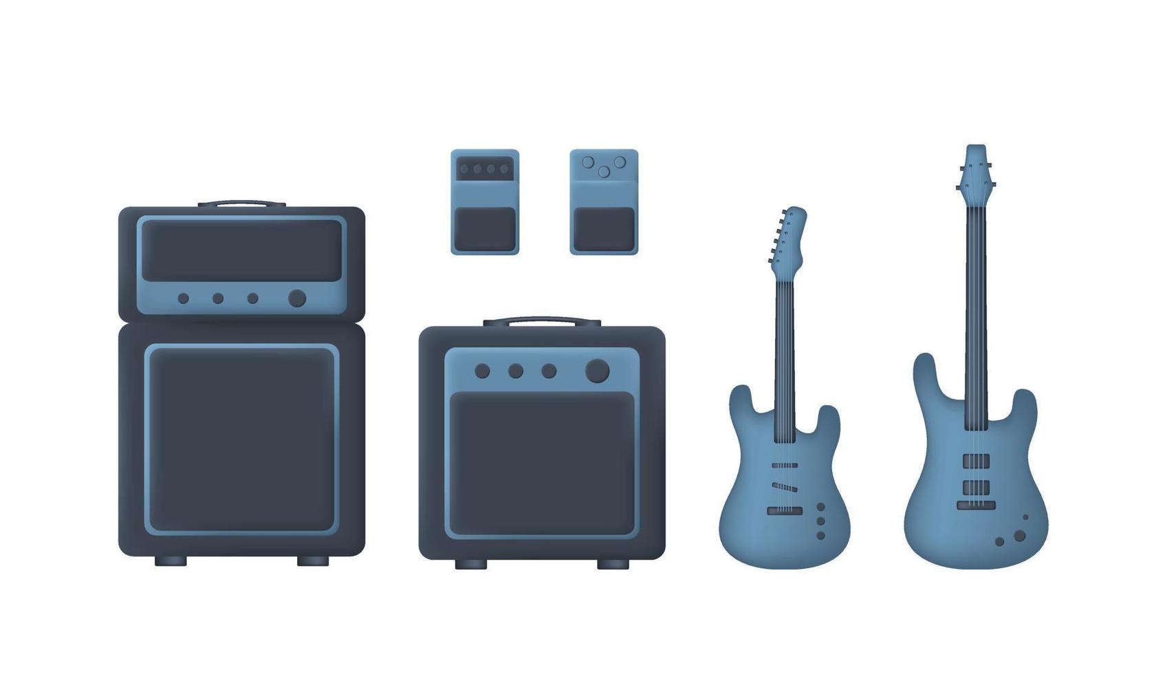 Blue 3d set of electric and bass guitar, amplifyer and guitar pedals isolated on white background. Vector illustration
