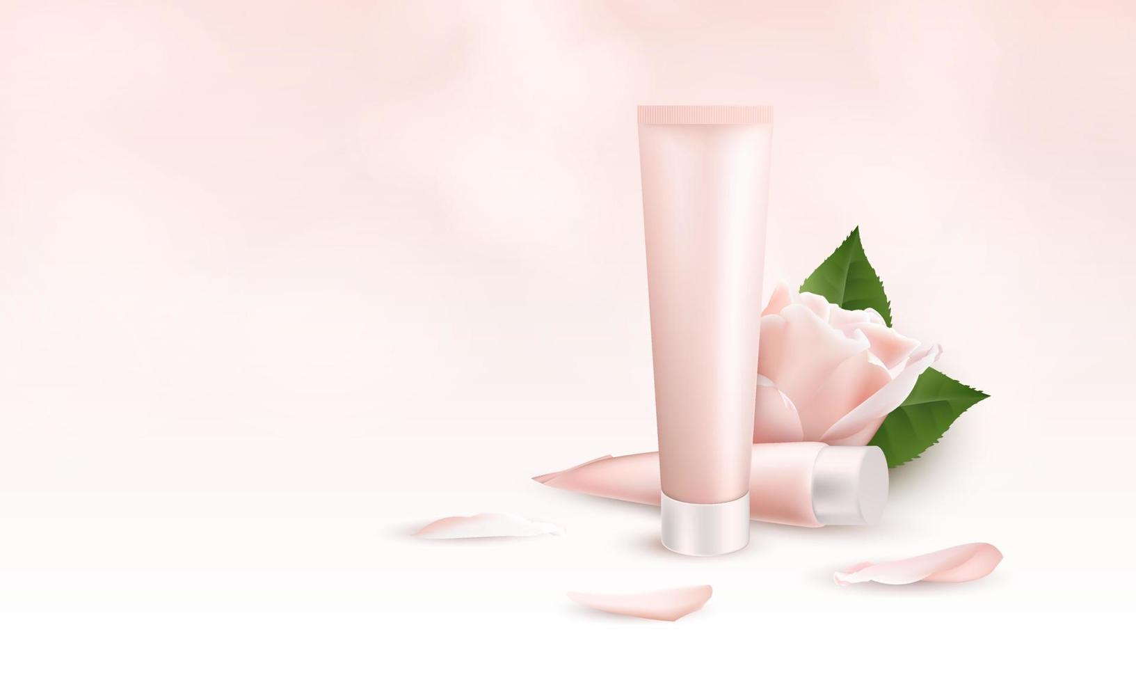 plantilla de banner 3d realista para crema para el cuidado de la piel. maqueta de embalaje publicitario para productos cosméticos y médicos con dos tubos de crema, flor y pétalos de rosa. ilustración vectorial vector