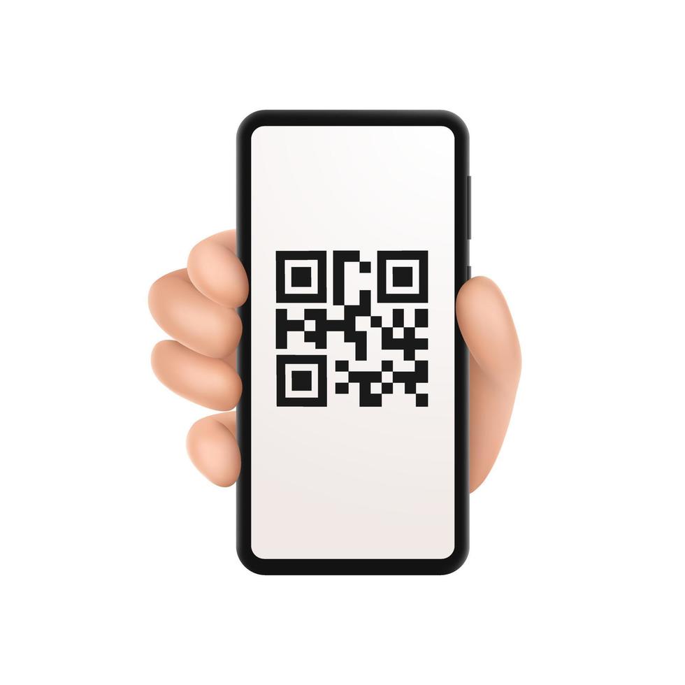 3d hand with smartphone scans QR code. Vector illustration