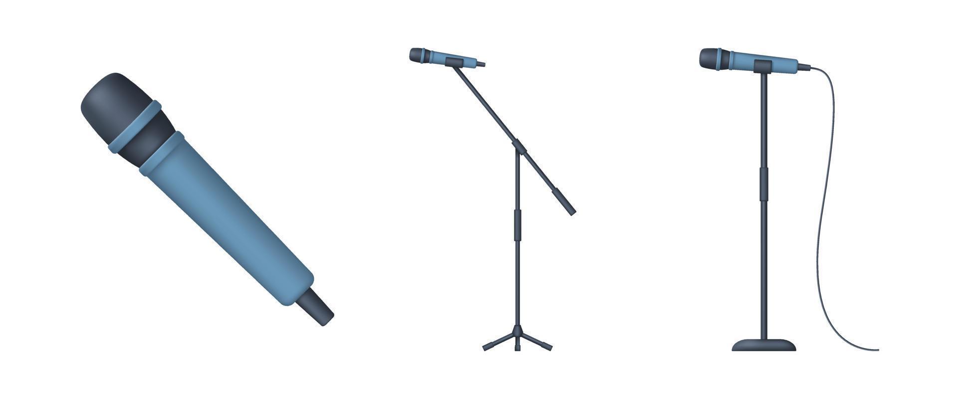 Set of blue vocal 3d microphones isolated on white background. Trendy vector illustration