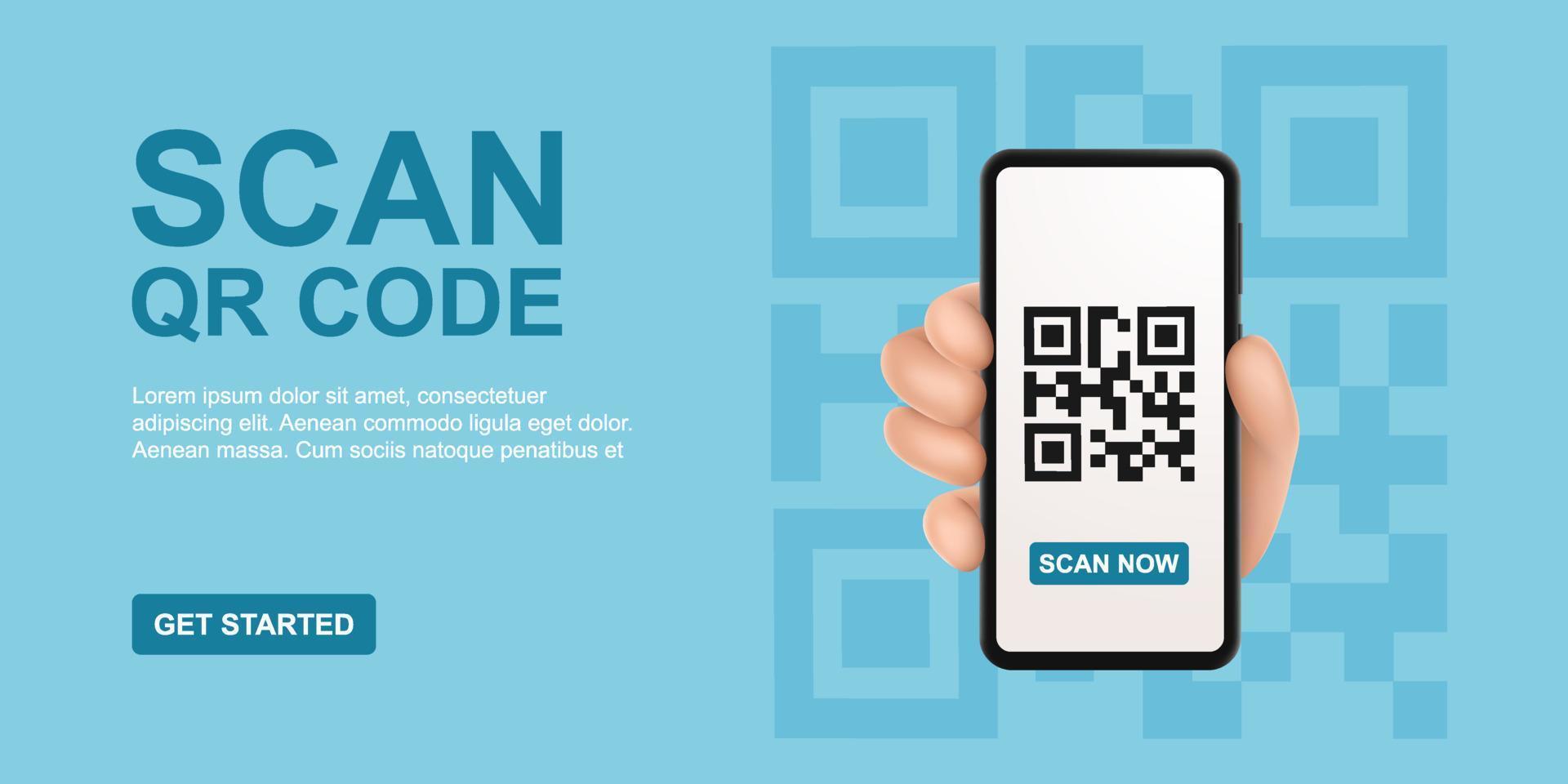 QR code scan service banner. Verification concept. 3d hand with smartphone scans QR code. Template design for website, landing page, ui, social media. Vector illustration