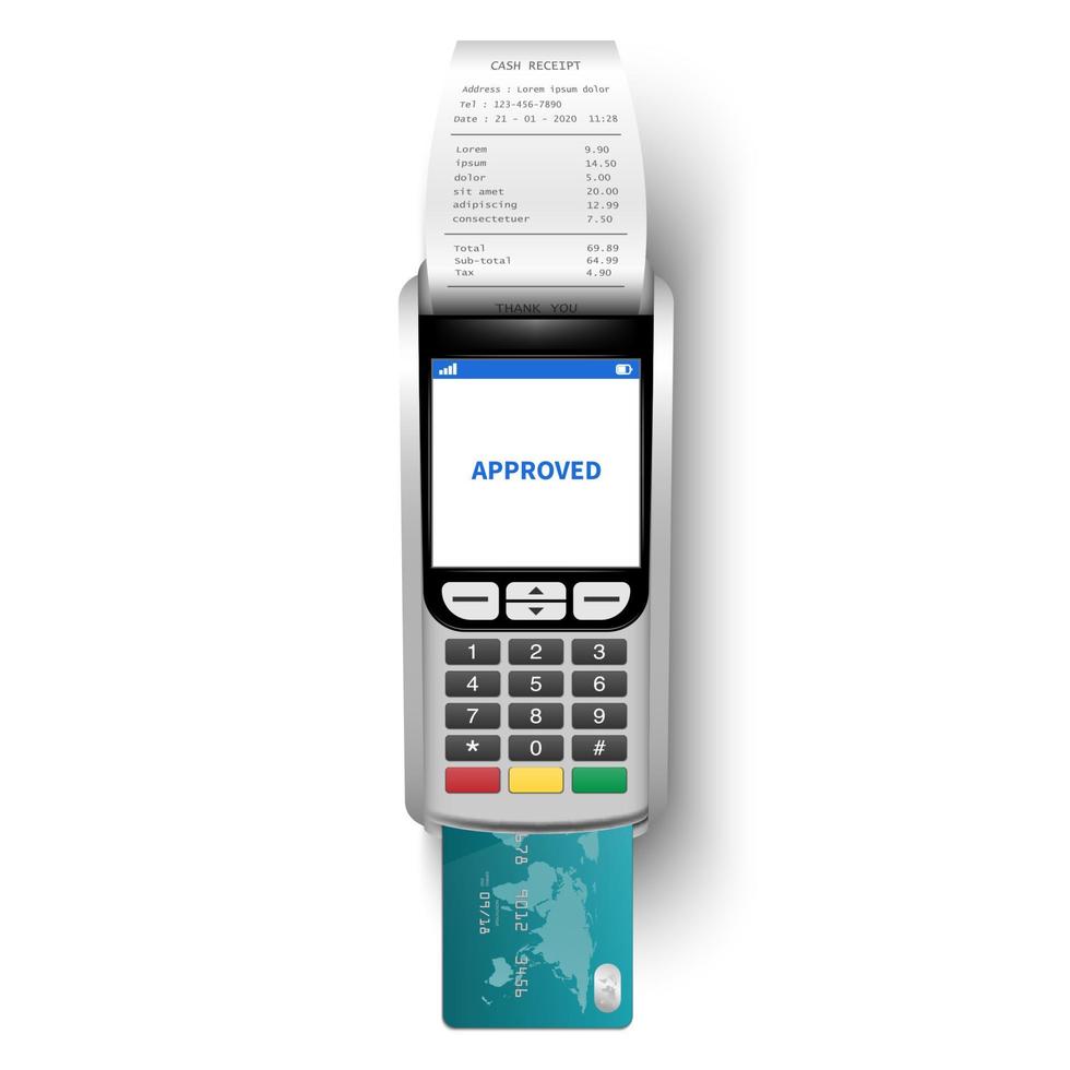 Payment Machine, POSt terminal with cash receipt and credit card isolated on transparent background, vector illustration