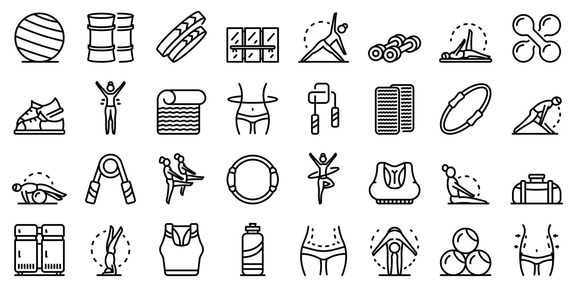 Pilates icons set, outline style vector