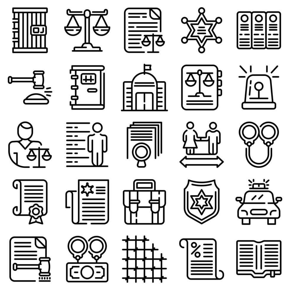 Criminal justice icons set, outline style vector