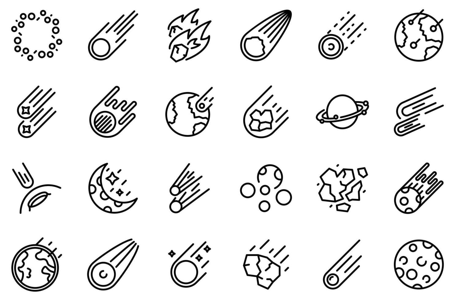 Asteroid icons set, outline style vector