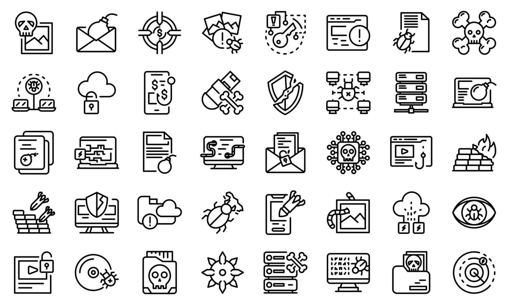 Malware icons set, outline style vector