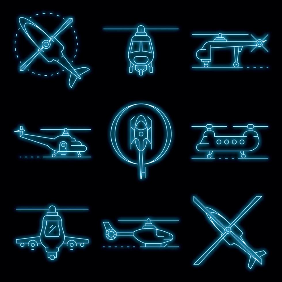 helicóptero, iconos, conjunto, vector, neón vector