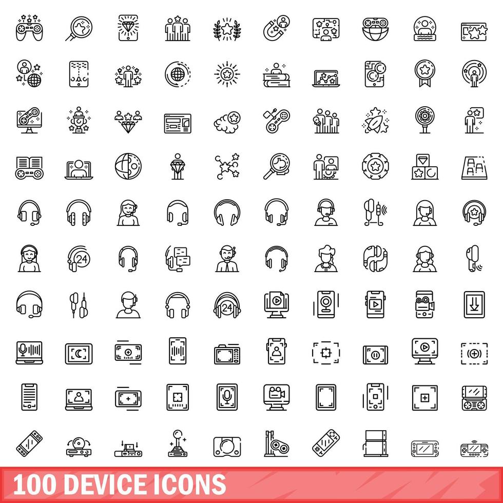 100 device icons set, outline style vector