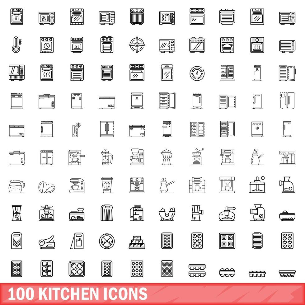 100 kitchen icons set, outline style vector
