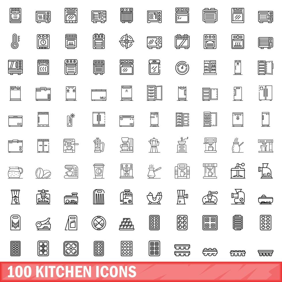 100 iconos de cocina, estilo de esquema vector