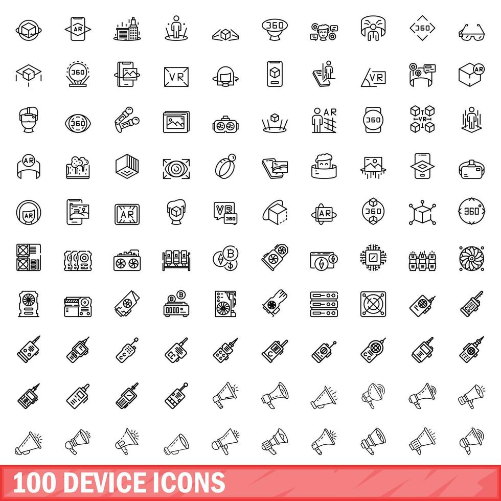 100 device icons set, outline style vector