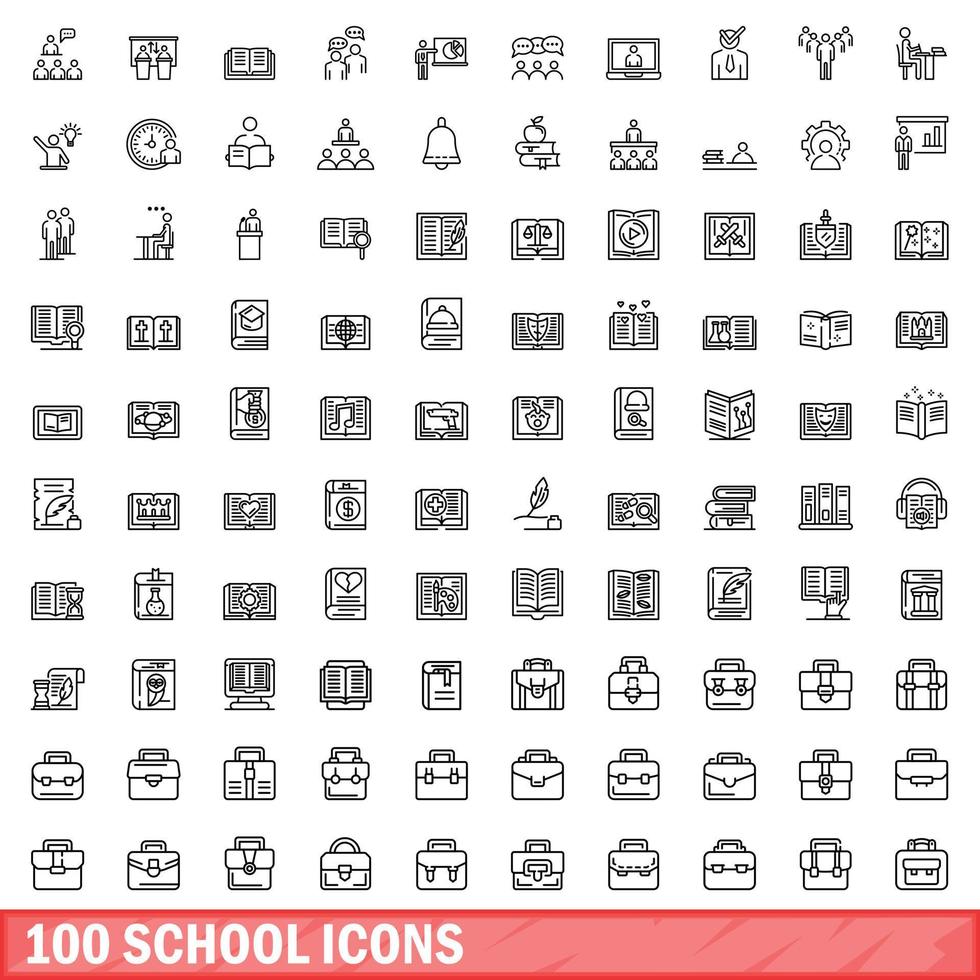 100 iconos escolares establecidos, estilo de esquema vector