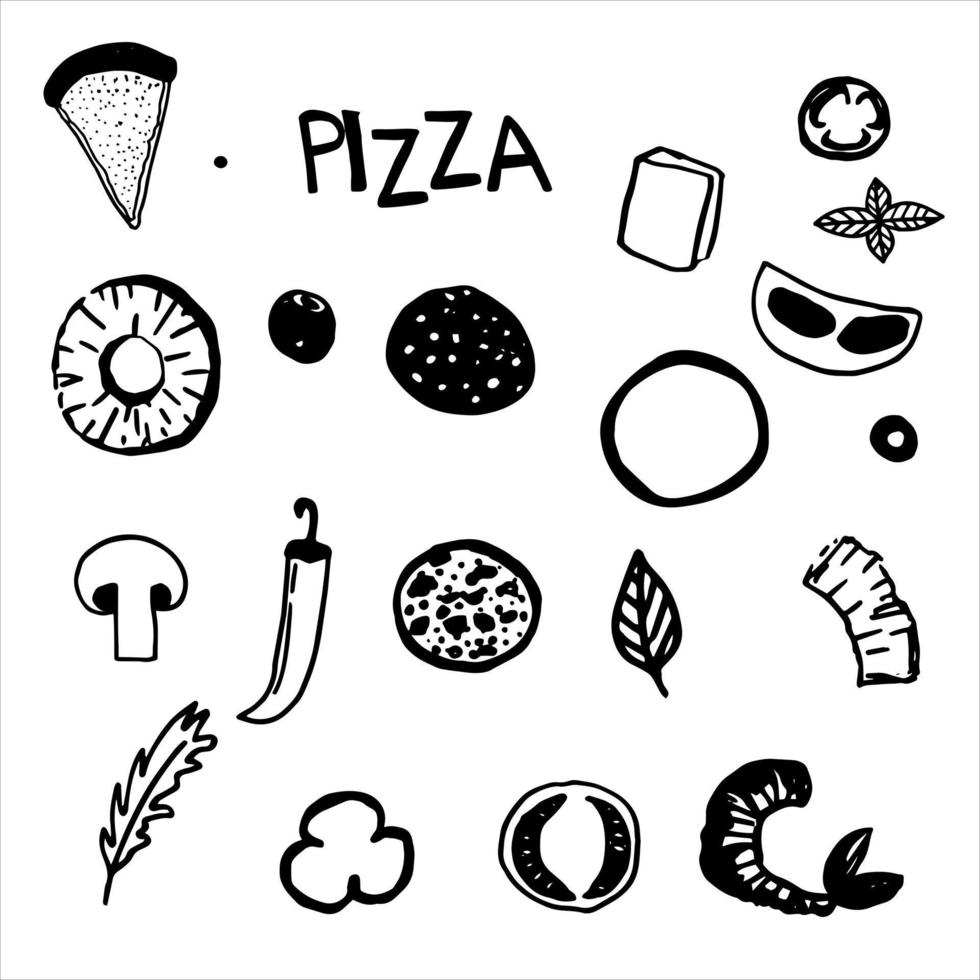 A set of Italian pizza dishes and ingredients composition. Vector illustration. Doodles. It can be used for patterns, menus, packaging paper.