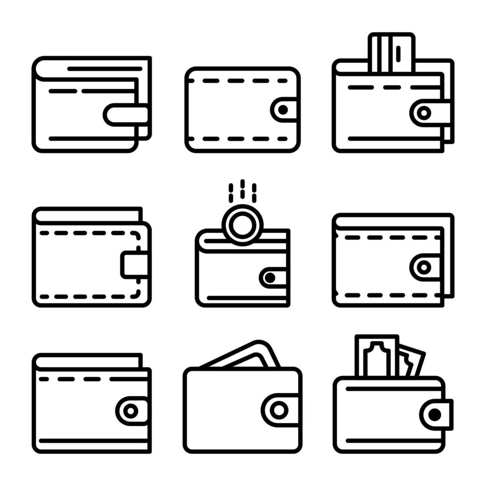 conjunto de iconos de billetera, estilo de contorno vector