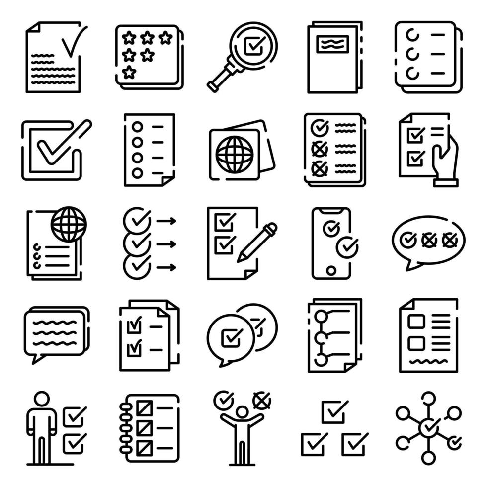 conjunto de iconos de lista de verificación, estilo de esquema vector